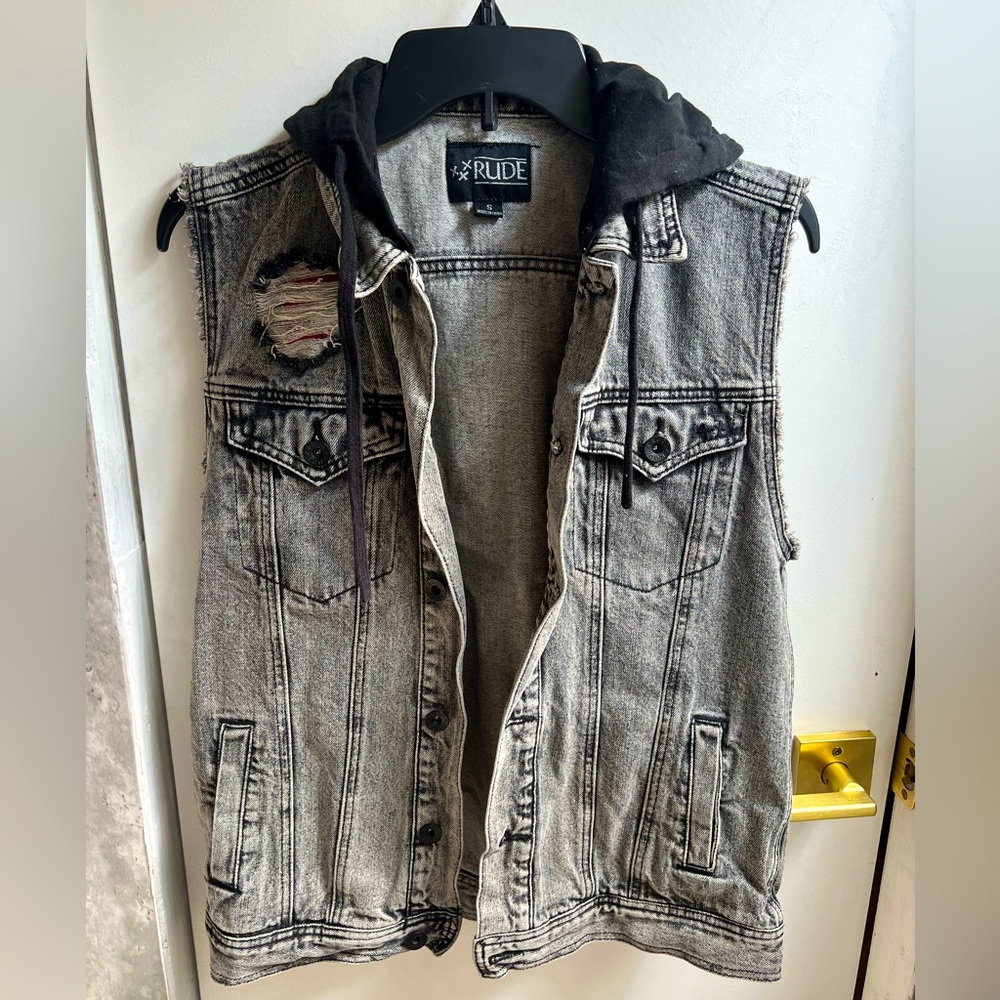 Grey hooded denim vest / sleeveless jacket